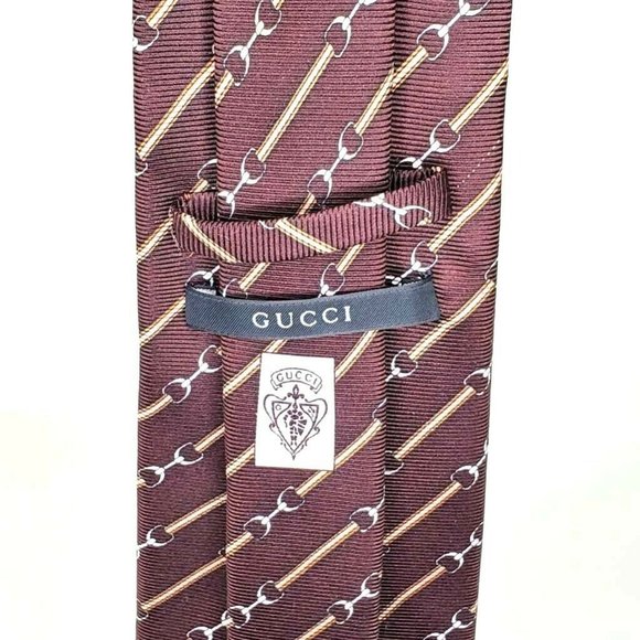 Gucci Mens Tied Necktie Brown Horsebit 100% Silk - Picture 2 of 5